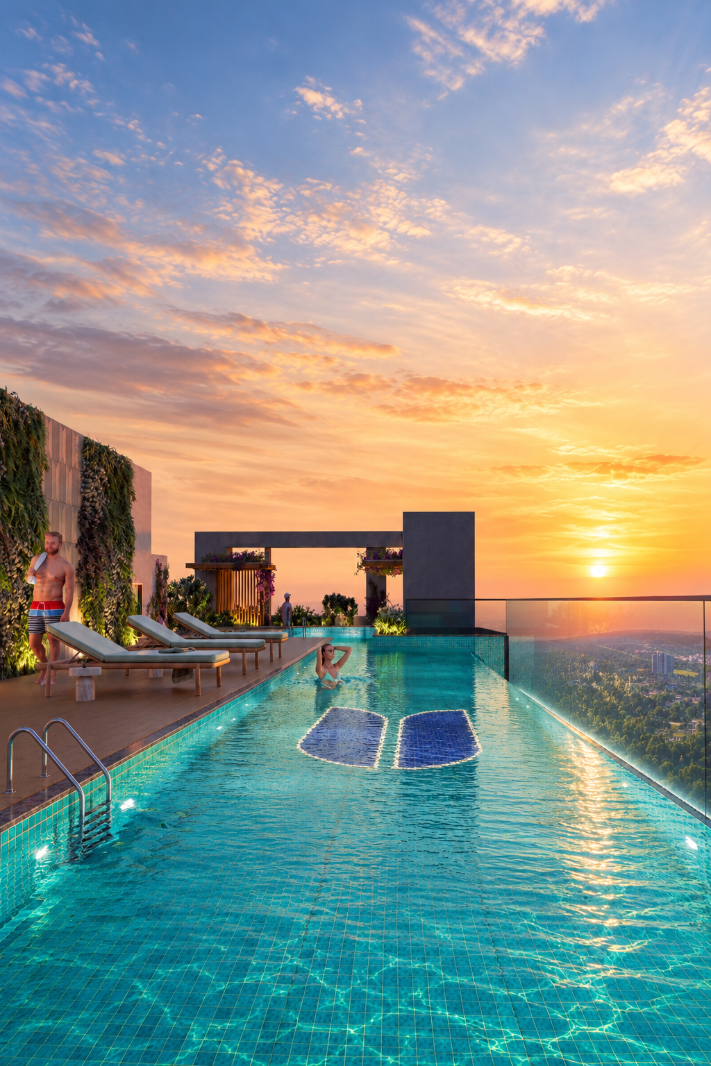 Rooftop infinity swimming pool at sunset with panoramic views at Codename Sensara in NIBM Annexe, Pune